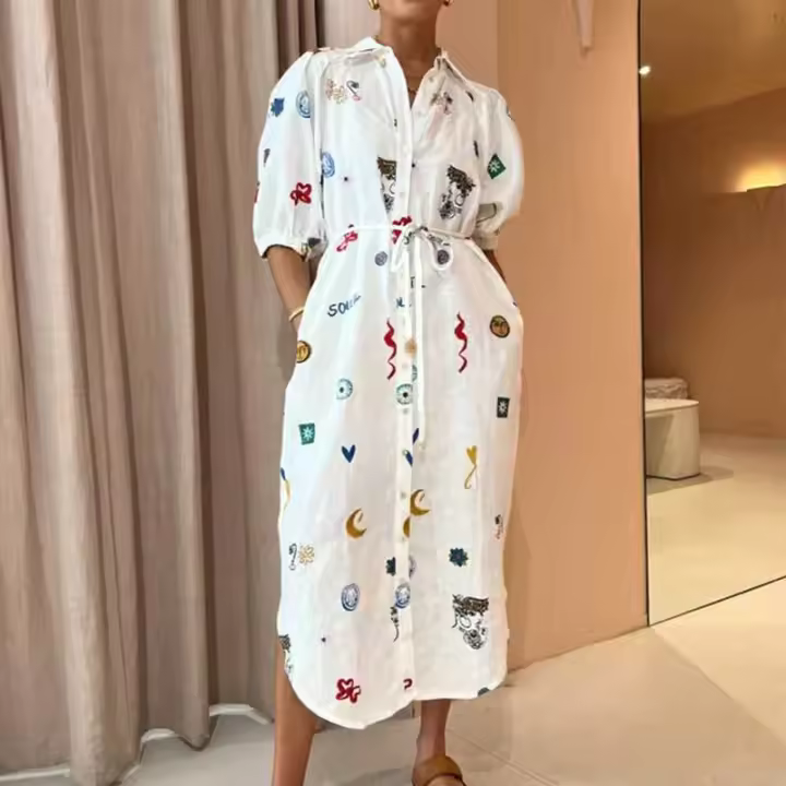 2025 primavera nueva ropa de mujer europea y americana moda suelta impresión solapa corbata burbuja manga camisa vestido 661 - 1