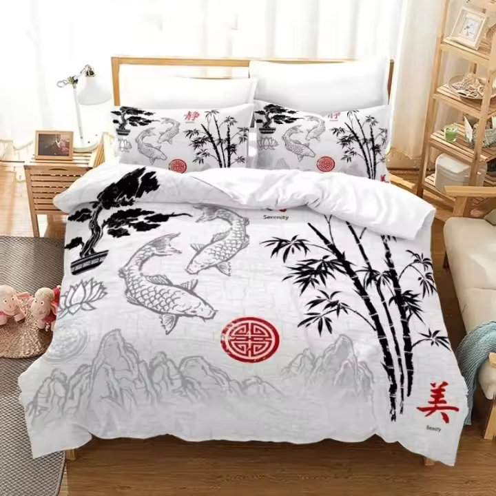 Juego de Ropa de Cama Estilo Chino 3D Funda de Edredón con Funda de Almohada - 1