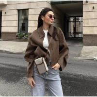 Chaqueta de Lana con Cremallera Marrón Elegante Abrigo de Otoño Vintage para Mujeres - details 9