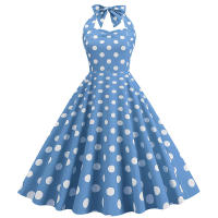 estilo impreso años 50 lunares cuello colgante, vestido pequeño de longitud media, vestido - details 4