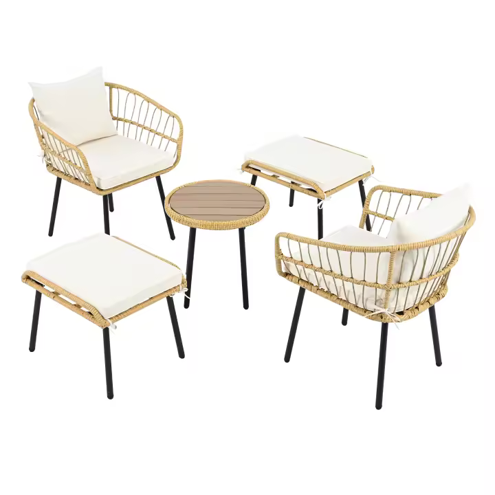 Juego de salón de jardín de 5 piezas, compuesto por 1 mesa de comedor, 2 sillas, 2 taburetes, muebles, ratán, naturaleza - 1