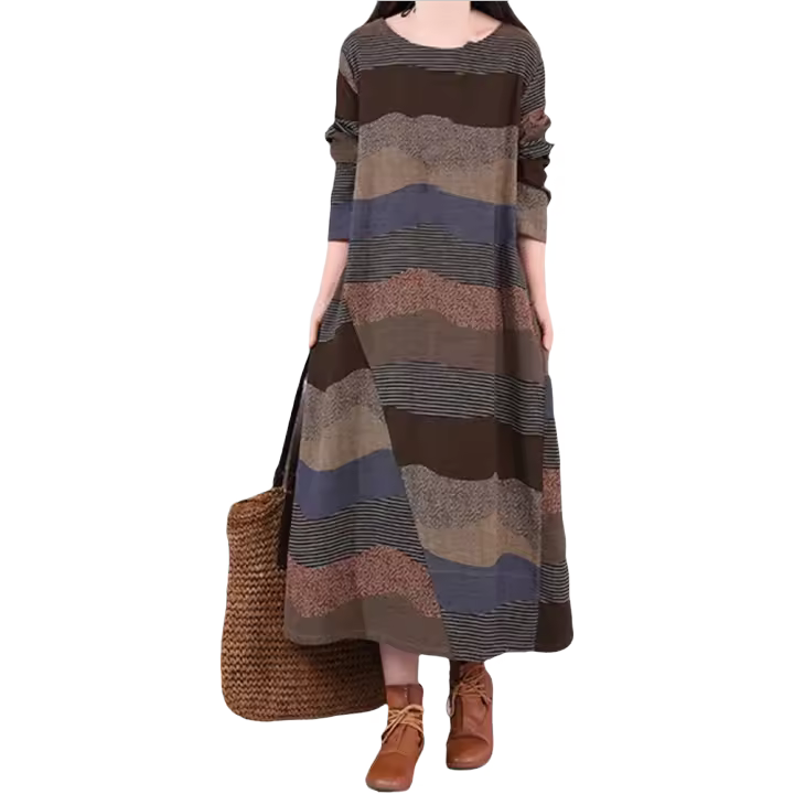 Jersey de manga larga con cuello redondo para mujer, vestido largo holgado a rayas con contraste de Color, ropa diaria para otoño e invierno - 1