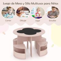 Juego de mesa y sillas para niños de 5 piezas, tablero de pizarra para escribir, mesa redonda apilable infantil con 4 taburetes de almacenamiento para actividades, arte, lectura (rosa) - details 4