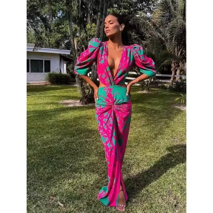 Vestido Largo Sexy y Elegante con Escote en V Profundo para Mujer Vestido de Fiesta de Verano con Tiras Ropa de Playa 2024 - 1