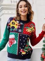 Suéter de punto con patrón de árbol de Navidad de copo de nieve, jersey de ganchillo de manga larga, cuello redondo informal - details 4
