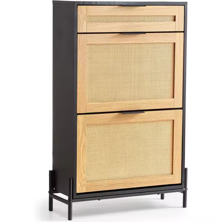 Zapatero de Ratán Organizador Estrecho para Zapatos con 2 Cajones de Ratán Abatibles y 1 Cajón Deslizante, Patas de Metal, Zapatero Estrecho para Entrada, Armario, Pasillo, Color Negro - 1