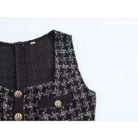 - Conjunto de dos piezas de moda coreana para mujer, blusa blanca con cuello de lazo y tirantes finos, minivestido de tweed con un solo botón - details 4