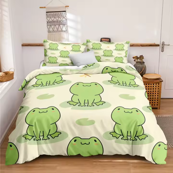 Juego de Ropa de Cama con Diseño de Ranas y Toad de Dibujos Animados a Lápiz Verde Tamaño King Queen Polyester Ideal para Niños y Adultos - 1