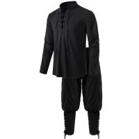 Conjunto de disfraz de caballero Medieval para hombre, camisas de pirata de Cosplay renacentista, pantalones con bandas en el tobillo para Halloween, tela de lino y algodón, 2 uds. - details 4