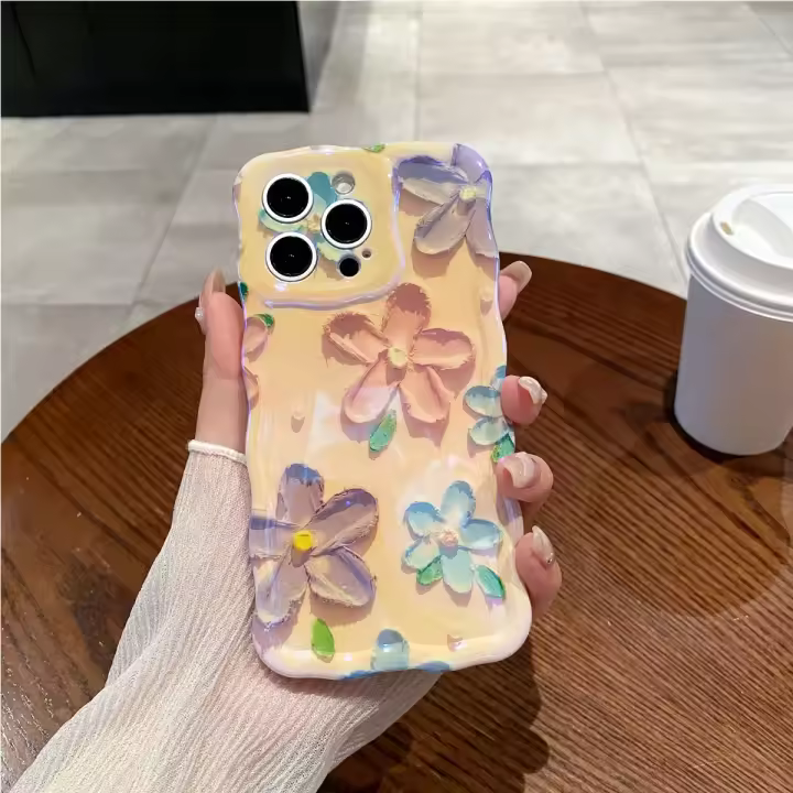 Funda de iPhone 15 Pro Max Pintura al Óleo de Luz Azul Arco Iris Flor Mariposa - 1