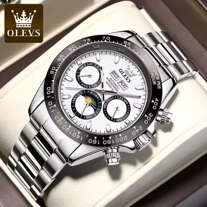 Reloj Automático de Acero Inoxidable OLEVS para Hombres Impermeable, Mecánico, Correa de Cuero - 1