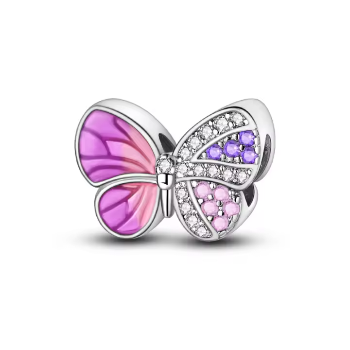 Colgante de Pulsera de Plata Esterlina 925 Alas Dobles de Soño Mariposa de Cuentas Coloridas - 1