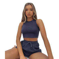 Conjunto de dos piezas de verano para mujer, chaleco sin mangas de color sólido con textura gofre y pantalones cortos casuales de moda. - details 33