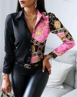 Camisa abotonada de manga larga con cuello en V para mujer, estampado de cadenas, estilo vintage, talla grande - details 2