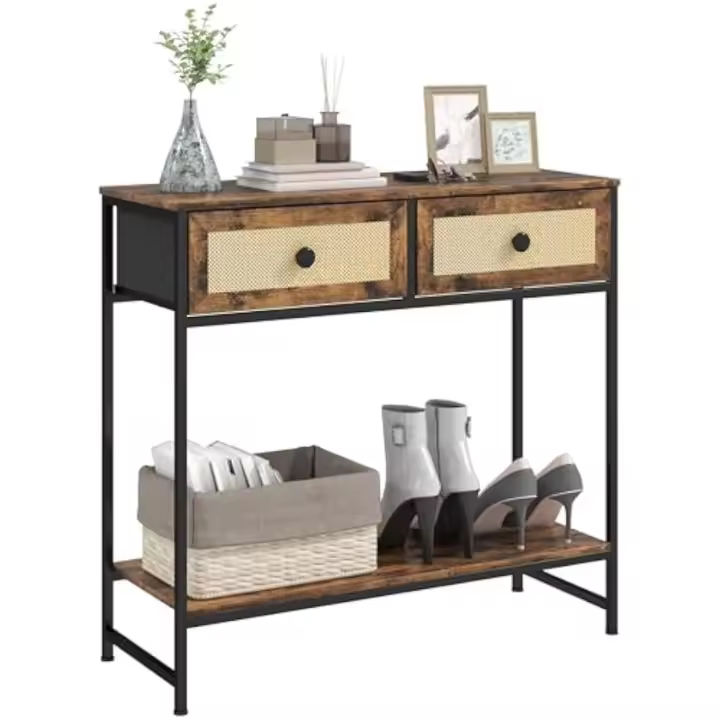 Mesa Consola Mueble para Recibidor con Estante Abierto y 2 Cajones Frontales de Ratán Consola para Recibidor Entrada Pasillo 80x30x75 cm Marrón Rústico - 1