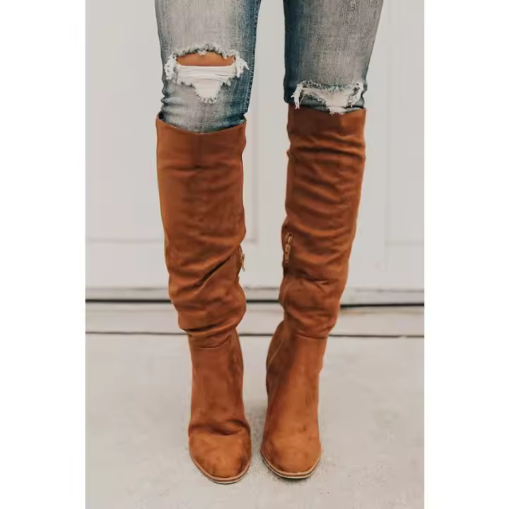 Botas largas de gran tamaño para mujer, tacón grueso de gamuza, cremallera lateral puntiaguda, botas de caballero de moda de Color sólido - 1