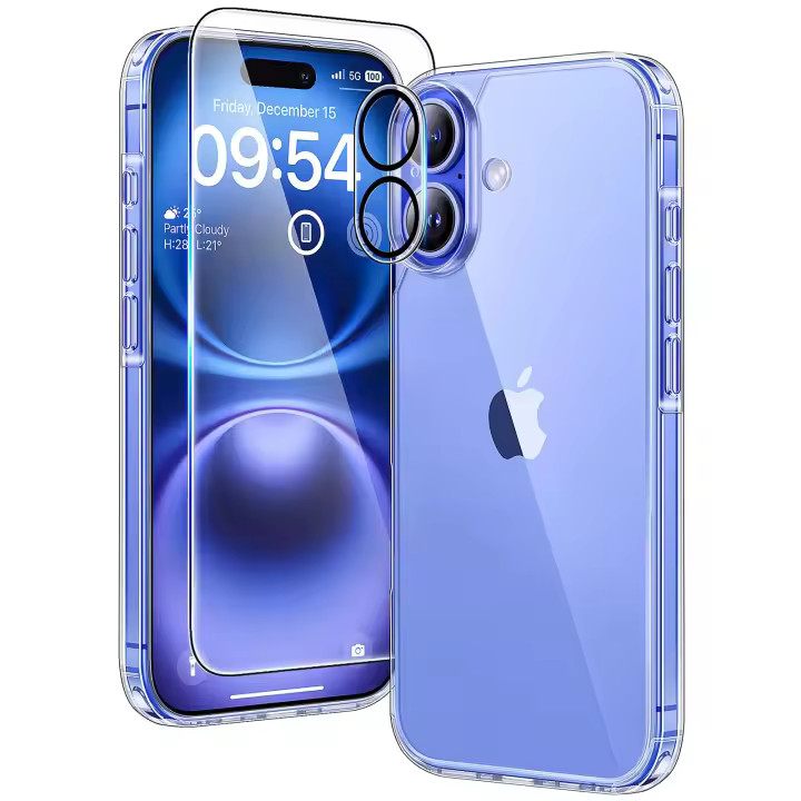 Funda Transparente 5 en 1 para iPhone 16, 2 protectores de Pantalla de Cristal Templado y 2 protectores de Lente de Cámara - 1
