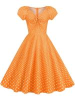 Elegant vintage dot print women summer puff short sleeve v neck casual a-line midi party dress - details 1