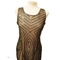 Sin marca Vestido de fiesta con base beige,adornos de pedrería negras, corto, sin manga, con cremallera,  talla L - details 0