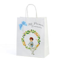Pack de 12 a 42 unidades de Bolsas de papel de comunión, Bolsa de regalo de Mi Primera Comunión, Para comunión de niño y comunión de niña, 2 Modelo orla de flores y hojas, Impresión de calidad y lazo decorativo de diferente color, Regalantes.com - details 2