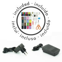 Máquina de coser Jocca con diseño compacto, ligero y portátil, funciona a pilas o conectada a la corriente. Incluye pedal y adaptador. Puede seleccionarlo con o sin kit de costura. - details 2