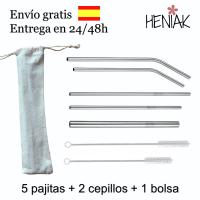 Pajitas reutilizables acero inoxidable 5 pajitas 2 cepillos 1 bolsa Heniak Store zero waste aptas para lavavajillas bpa free libre de toxicos diferentes tamaños - details 0