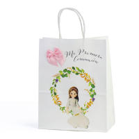Pack de 12 a 42 unidades de Bolsas de papel de comunión, Bolsa de regalo de Mi Primera Comunión, Para comunión de niño y comunión de niña, 2 Modelo orla de flores y hojas, Impresión de calidad y lazo decorativo de diferente color, Regalantes.com - details 1