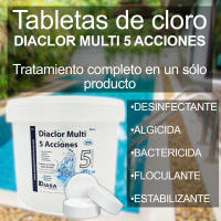 DIASA INDUSTRIAL Diaclor Multi 5 Acciones para Tratamiento Completo de Piscinas. 5Kg. Cloro multiacción en tabletas de 200gr. Desinfectante, algicida, bactericida, floculante y estabilizante en una solo producto. - details 0