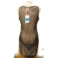 Sin marca Vestido de fiesta con base beige,adornos de pedrería negras, corto, sin manga, con cremallera,  talla L - details 1