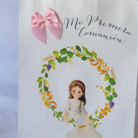 Pack de 12 a 42 unidades de Bolsas de papel de comunión, Bolsa de regalo de Mi Primera Comunión, Para comunión de niño y comunión de niña, 2 Modelo orla de flores y hojas, Impresión de calidad y lazo decorativo de diferente color, Regalantes.com - details 3