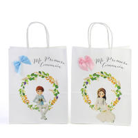 Pack de 12 a 42 unidades de Bolsas de papel de comunión, Bolsa de regalo de Mi Primera Comunión, Para comunión de niño y comunión de niña, 2 Modelo orla de flores y hojas, Impresión de calidad y lazo decorativo de diferente color, Regalantes.com - details 0